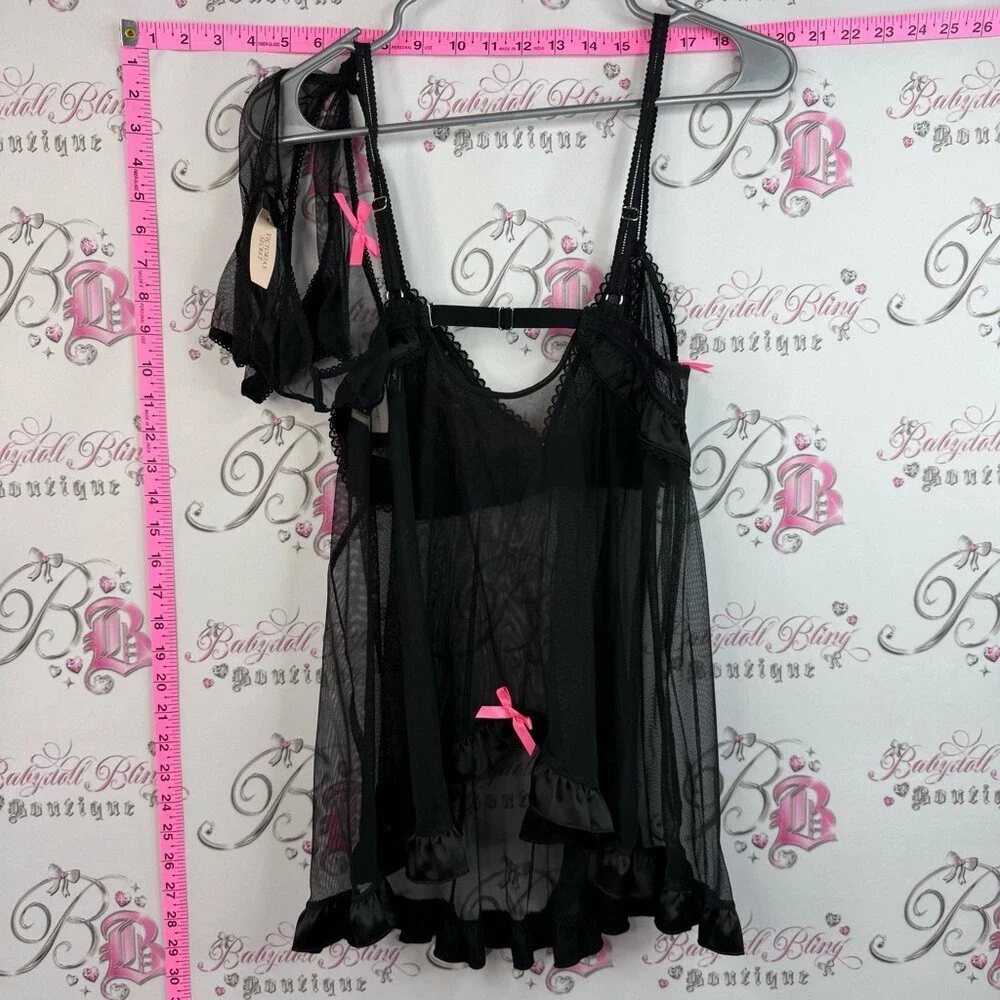 Victoria's Secret set 2 piece sexy little things Black Mesh Babydoll Pink Accent